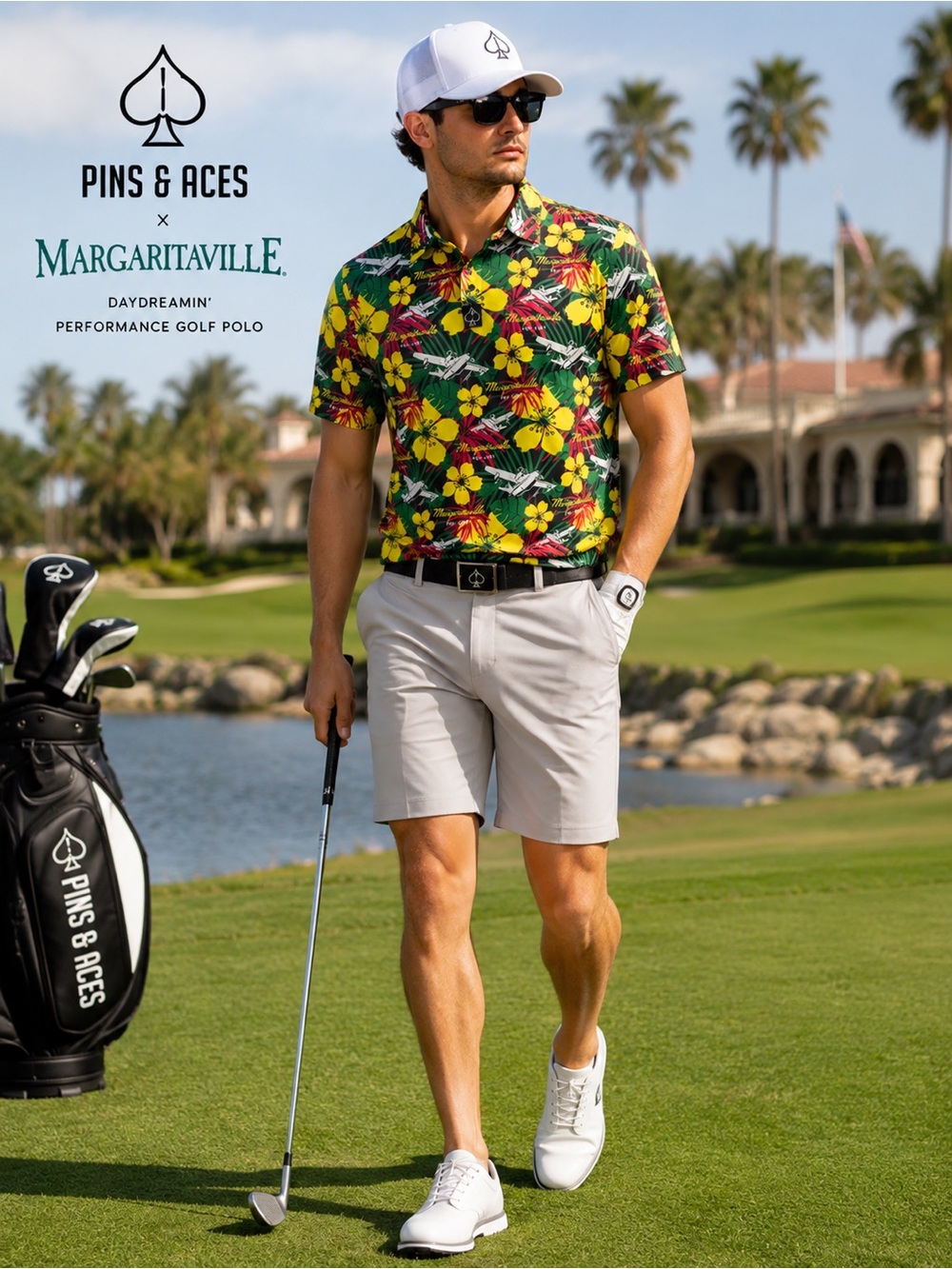 Pins & Aces Margaritaville Daydreamin Performance Golf Polo Shirt L UPF 45+ C7